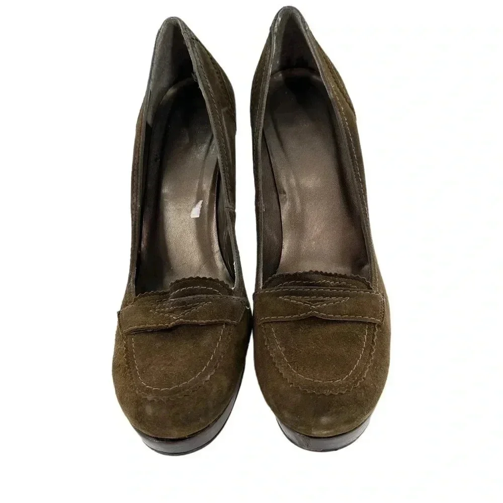 Stuart Weitzman heels size 11 olive green suede penny loafers chunky platforms